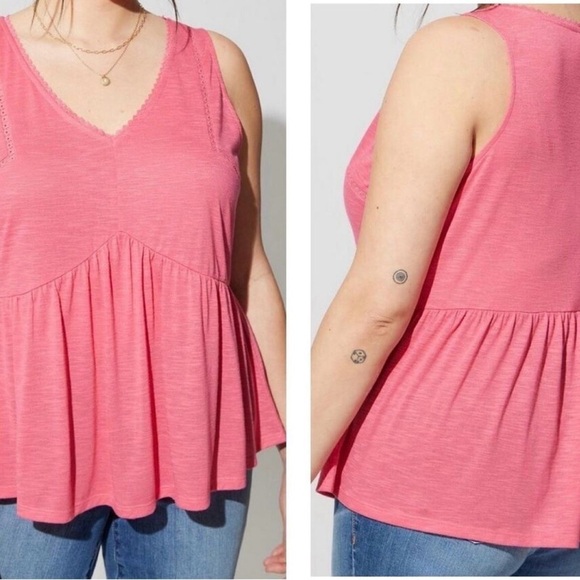 ✨Torrid Pink Sleeveless V-Neck Peplum Top Plus‎ Size Blouse Tank Crochet Trim 1 - Picture 3 of 4